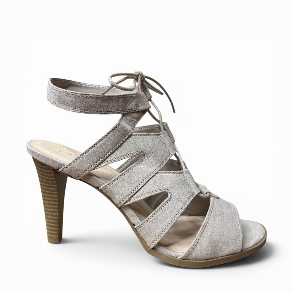 Vera Wang Sandal Heels Strappy Faux Suede Stiletto Taupe Formal Business Sz 10 - Picture 14 of 14